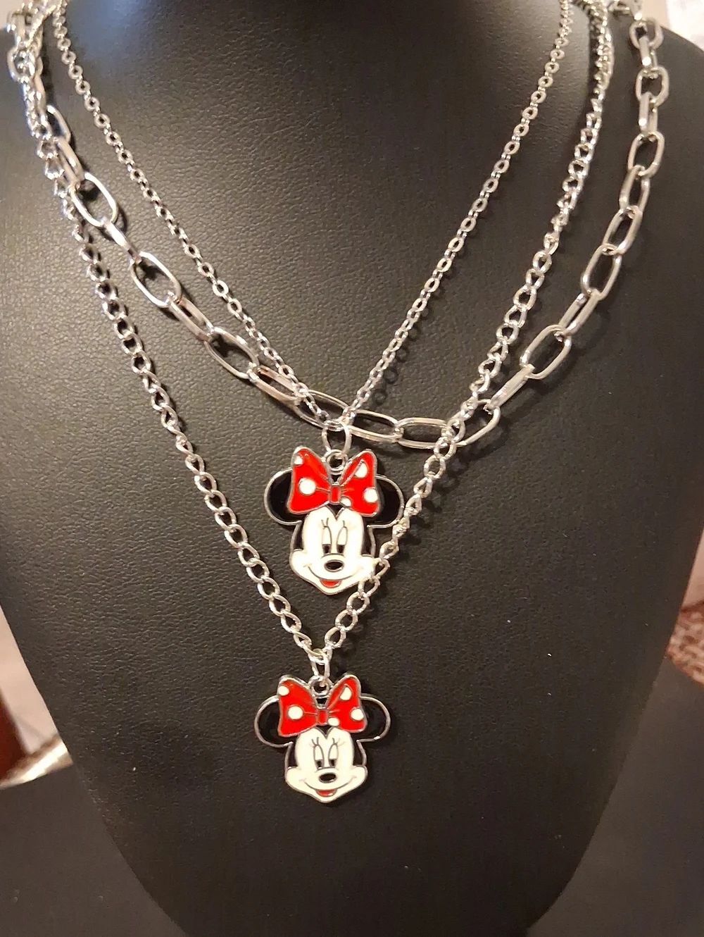 Layered Minnie Mouse Necklace Silvertone Fashion New